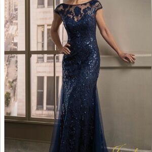 J195010 Long Illusion Boat Neckline Sequin Lace & Stretch Illusion MOB Dress